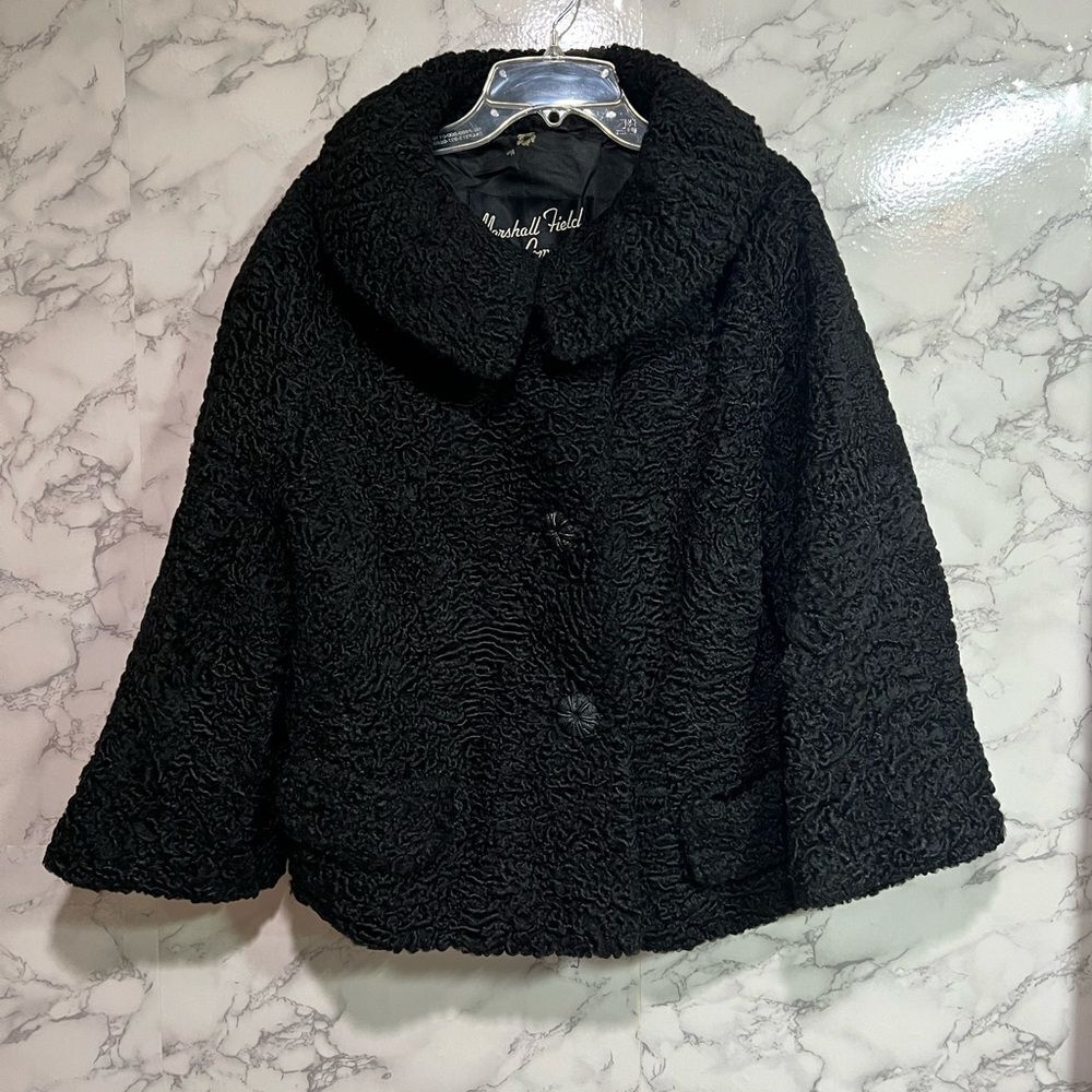 Marshall Field and Company Vintage Curly Black Lamb Fur Jacket Size S